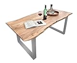 SAM Esszimmertisch 180x90 cm Quarto, Massiver Esstisch aus Akazienholz naturfarben + massiv, U-Metallgestell SIlber, Baumkantentisch im Industrial Stil, jeder Tisch ein Unik