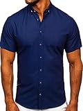 BOLF Herren Kurzarmhemd Sommerhemd Freizeithemd Strandhemd Urlaub Hemd aus 100% Baumwolle Atmungsaktiv Stoff Dünnes Hemd für Sommer Slim Fit Button Down Casual Style 20501 Dunkelblau L [2B2]