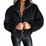 Bellelhot Frauen Volltonfarbe Kurz Fleece Jacke Elegant Langarm Rollkragen Baumwollkleidung Mäntel Freizeit Slim Fit Tasche Zip Vlies Jacken Outwear Damen Bequem Warme Künstliche Wolle Strickjack