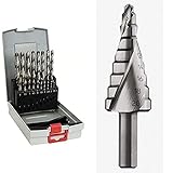 Bosch Professional 19tlg. ProBox Metallbohrer Set HSS-G (geschliffen, Zubehör Bohrschrauber und Bohrständer) + HSS Stufenbohrer (für Metall und Stufenbohrer, Ø 4 – 20mm, Länge 70,5mm, Zubehör Bohrer)