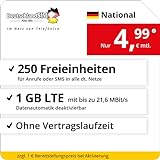 Handyvertrag DeutschlandSIM LTE 1000 National - ohne Vertragslaufzeit (1 GB LTE mit max. 21,6 MBit/s inkl. deaktivierbarer Datenautomatik, 250 Freieinheiten für Anrufe oder SMS, 4,99 Euro/Monat)