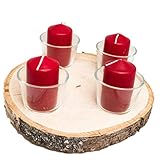 Natur Kerzenhalter, unbehandelte Baumscheibe mit 4 Gläser und Kerzen, ohne Schadstoffe geeignet für Haushalte mit Kindern. Adventskranz, Weihnachtsdeko, Osterkranz, ganz Jahres Freude (Ohne Motiv)