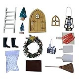 NCQiFei Wichteltür Zubehör Weihnachten Set - Wichteltür, Weihnachtswichtel Tür mit Zubehör Stiefel Laterne, Weihnachtsbaum Dekokranz Holzleiter Wichtelbesen, Verzierungen für Weihnachten (B)