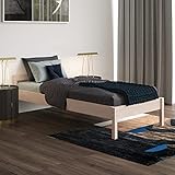 Holzbett 120x200 cm Kaja Scandi Style mit Rollrost aus unbehandeltem hartem FSC Birken Massivholz - über 700 kg - Einzelbett Bettgestell mit Kopfteil - Kinderbett Jugendbett Gästeb