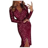 Lazzboy Partykleid Damen Cocktailkleider Bodycon Frauen Sexy Tiefem V Pailletten Abendkleid Nachtclubkleid Jährliches Treffen Bankett Maxikleider Cocktail Party Ballkleider (Violett,XL)