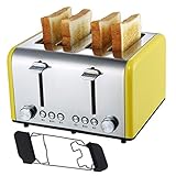 Toaster 4 Scheiben, Edelstahl-Toaster Mit Bagel, Auftaufunktion, Abbruchfunktion, Extra Breite Schlitze Und Herausnehmbarer KrüMelschublade, 6 Brotschirmeinstellungen, 1650 W