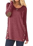 NICIAS Damen Seitliche Tasten Langarmshirt Pullover Lässige Rundhals Sweatshirt Ellenbogen Gepatcht Hemd Lose T Shirt Blusen Tunika Top(Wein, L)