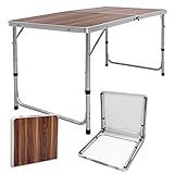 ECD Germany Campingtisch Klapptisch mit Tragegriff 120x60x55/63/70 cm Braun aus Aluminium und MDF Holzdekor höhenverstellbar klappbar - Falttisch Gartentisch Balkontisch Reisetisch Arbeitstisch T