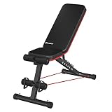 SONGMICS Hantelbank, Trainingsbank, Schrägbank, verstellbar, klappbar, 7-stufig neigbare Rückenlehne, multifunktional, für Heimtraining, mit 2 elastischen Seilen, Hantelübungen, schwarz-rot SWB801R01