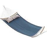 SONGMICS Hängematte für 2 Personen, gepolstert, gesteppt, mit teilbaren gebogenen Bambusstangen, mit Kissen, Oxford-Gewebe, 200 x 140 cm, bis 225 kg belastbar, blau-beige GDC34QW