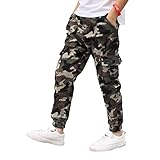YEAHDOR Kinder Camouflage Hose Tarnhose Jungen Mädchen Jogginghose Sporthose Baumwolle Freizeithose Sweathose Jogger Pants Hose Tarnung Armeegrün H 158-164