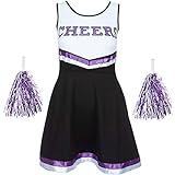 Redstar Fancy Dress - Damen Cheerleader-Kostüm - Uniform mit Pompons - Halloween, American High School - 6 Größen 34-44 - Schwarz/Lila - M