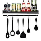 mreechan Küchenablage,Küchenregal Küchenablage Wand Organizer,Hakenleiste Küchenhelfer Hängeleiste,Küchenhalterung ohne Bohren mit 6 Abnehmbaren Haken für Küche Badezimmer Flur usw. (Black)