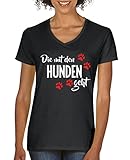 Comedy Shirts - Die mit den Hunden geht - Damen V-Neck T-Shirt - Schwarz/Weiss-Rot Gr. XXL