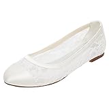 Emily Bridal Spitze Hochzeit Schuhe Flache Elfenbein Pumpen Runde Slip-on Brautschuhe (EU42, Elfenbein)