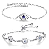 2 Stück Armband aus Silber Armband mit Türkischem Auge Böser Blick Armband Evil Eye Kaballah Armband Schutz vor dem Bösen Blick Glücksbringer Verstellbar mit Auge des Glücks für Frauen Geschenk