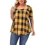 Buby Kariertes T-Shirt Kurzen Ärmeln Rund Plissiert Rüschen Saum für Damen Sommer Lässig Elegant Lockere Passform Bauchfreie Oberteile Frauen Mode Baumwolle Leinen übergroß Kühl Bequem Täglich T-S