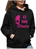 BlingelingShirts Damen Hoodie Oversize Totenkopf Sprüche Ich Hasse Menschen pink Glitzer Skull Fun Shirt, schwarz, Gr. 4XL