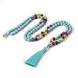 108 Japa Mala 7 Chakra Natürlicher Stein Perlen Geknotete Halskette Yoga Segen Meditation Schmuck mit Baum des Lebens Quaste Anhänger Abteilung aus bösen Geister Geld Zeichnung (Farbe : S-N0082C)