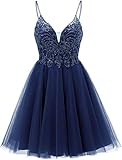 TANPAUL Abendkleid Spaghettiträger Kleid Kurz Spitze Tüll Cocktailkleid Ballkleid Trägerkleid A-Linie Elegant Spitzen Brautjungfernkleider Festkleider Partykleider Kurz Marineblau 36