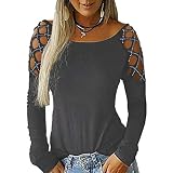 SALEBLOUSE Damen Sommer Langarm T-Shirt Baumwoll Basic Off Shoulder Schulterfrei Oberteil Schmales Strappy Cold Shoulder Rundhal Hemd Lässige Tunika Bluse S