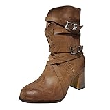 Xmiral Damen Stiefel Quadratischer Absatz Runde Zehe Reißverschluss Retro High Heels Kurze Stiefel Einsatzstiefel (Khaki, 37)