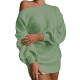 Sweaters Dress for Women Ladies Sexy Solid Lantern Sleeve Off Shoulder Long Sleeves Sweater Dress (Green, XL)