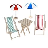 5er Miniatur Strand Stuhl Hölzerner Mini Deko Liegestuhl Sonnenschirm Tisch Puppenliegestuhl Strandstuhl Miniliegestuhl Klappstuhl Stoffsitz für Puppe Strand Mikrolandschaft DIY Dek