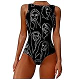 JUSHINI Bikini Set Damen Graffiti Abstract Print Breite Träger High Neck Backless Swimwear One Piece Zweiteiliger Badeanzug Bikinihose Strandkleidung Bademode-Bh06