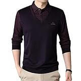 Poloshirt Herren Modern Urban Mode Zwei-In-Eins Gestreift Jugend Langarm T-Shirt Herbst Winter Revers Knopfleiste Casual Weich Komfortabel Atmungsaktiv Männer Pullover C-Red XL