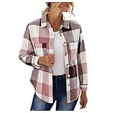 Karierte Flanellhemden für Damen, langärmelig, Revers, Knopfleiste, Shacket, Herbstjacke, Farbblock, Karo, lässige Blusen, Mäntel, Taschen, Pink_38, 48