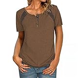 FULLSUNNY Damen Kurzarm T-Shirt Mode Streifen Patchwork Sommer Tops Knopf Rundhals Lose Casual T-Shirt Tops für D