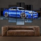 5 Teilig Leinwandbilder Bild GT-R R34 Skyline Blue Classic Sports Car Auf Leinwand Wandbild Kunstdruck Wanddeko Wand Wohnzimmer Wanddekoration 100x55