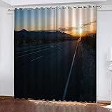 TTBBBB Küchenvorhang Straße Sonnenuntergang B 183 x H 160 cm Gardinen Verdunkelungsvorhang Schlafzimmer Kinderzimmer Thermovorhang Fensterdekoration 3D Muster Ösen schal 2Er S