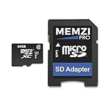 MEMZI Pro microSDXC-Speicherkarte mit SD-Adapter, 64 GB, 90 MB/s, Klasse 10, kompatibel mit Samsung Galaxy M51, M31, M21, M11, A01, A71, A51, A42, A41, A31, A21s, A21, A12, A11 Handy