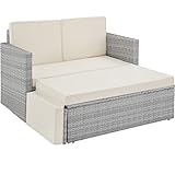 TecTake 800884 Poly Rattan Lounge Set, 2-Sitzer Sofa mit Rückenlehne, großer Hocker mit klappbarer Stütze, inkl. Dicke Auflagen, Gartenmöbel Set für Garten & Terrasse (Hellgrau | Nr. 403687)