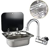 DALUOBO Einzelne Schüssel RV Hand Wash Rechteckige Becken Waschbecken mit Deckel für Fit für kompatibel mit RV Wohnwagen Camper Küche Edelstahl-Spüle 16.5' x 14.3 x 6.3 (with Faucet U)