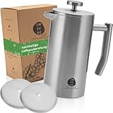 coffeechilla® Premium French Press Edelstahl 0,6 Liter I Anti-Fingerprint I Kaffeepresse mit Thermoeffekt - doppelwandig isoliert I Pressstempelkanne I Kaffeebereiter inkl. 2X E