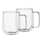 Cobeky Doppelwandige Kaffeetassen Aus Glas Teetassen Set von 2, Wärmeisoliert und Ohne Kondensation mit Breitem Griff (300 ML)