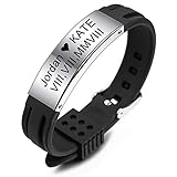 MeMeDIY Benutzerdefinierte Name Armband Personalisierte Gravur für Männer Frauen Jungen Mädchen Gummi Silikon Sport Handgelenk Identifikation ID Tag Edelstahl Armband (Schwarz Farbe, Silber Ton Tag)