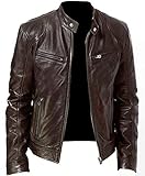 HYISHION Herren Lederjacke aus 100% Lammleder Echtleder Jacke Wasserabweisende Herrenjacke Übergangsjacke Freizeitjacke Bikerjacke,Braun,M