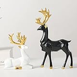 laoonl 2 Stück schwarz-weiße Hirsch-Statue, Ornamente – Sitz- und Stehhaltung, Kunstharz, Tierfigur, Wohnzimmer, TV-Schrank-Dek