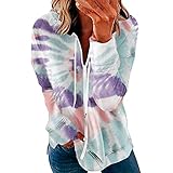 FMYONF Damen Krawatte färben Hoodies, Reißverschluss Kapuzenpullover Sweatshirt V-Ausschnitt lässig Langarm Pullover Strickjacke Langarmshirt Sweatjacke Tops mit Taschen(Lila,L)