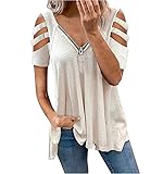 Damen Blusen Sommer Kurzarm Kalte Schulter Sexy V-Ausschnitt Reißverschluss Bluse Tunika Oberteile T-Shirt Tops Lose Leopard Sommerbluse Tuniken (Einfarbig Weiß,XXXL)