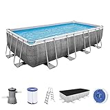 Bestway Power Steel™ Frame Pool, 488 x 244 x 122 cm, Komplett-Set mit Filterpumpe, eckig, graue Rattan-Optik