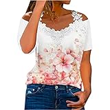 Tshirt Damen Spitze Elegant V Ausschnitt T-Shirt Spitzenshirt Damen Schulterfreie Bluse Blumen Shirt Lässige T Shirts Kurzarm Bedruckte T-Shirts Lockere Tshirts Sommer Pullover Oberteile Top