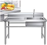 EWYI Kommerzielle Edelstahl-Spüle Mit Wasserhahn, Freistehende Einzelschüssel-Küchenspüle Für Restaurant, Hinterhof, Garage - Utility-Waschbecken Mit Werkbank 100x50x80