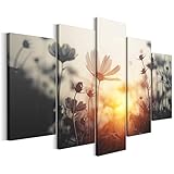 Revolio Leinwandbild Wandbilder Wohnzimmer Modern Kunstdruck Wanddekoration Deko Mehrteilige Leinwand Bilder 5 Teilig TYP A, 200 x 100 cm - Blumen Sonne Clearing Grau Gelb