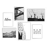 Hamburg Poster Set Wohnzimmer - Schwarz Weiß - 6er Set Hamburg Bilder - Speicherstadt, Elbphilharmonie & Hafen Bild - Moin Spruch Poster- 2mal 30x40cm & 4mal DinA4 - ohne R
