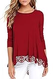 Pullover Damen Langarm Crewneck Elegant Tunika Oberteil Bluse Longshirts Sport Hembluse Langarmshirt(Rot,L)